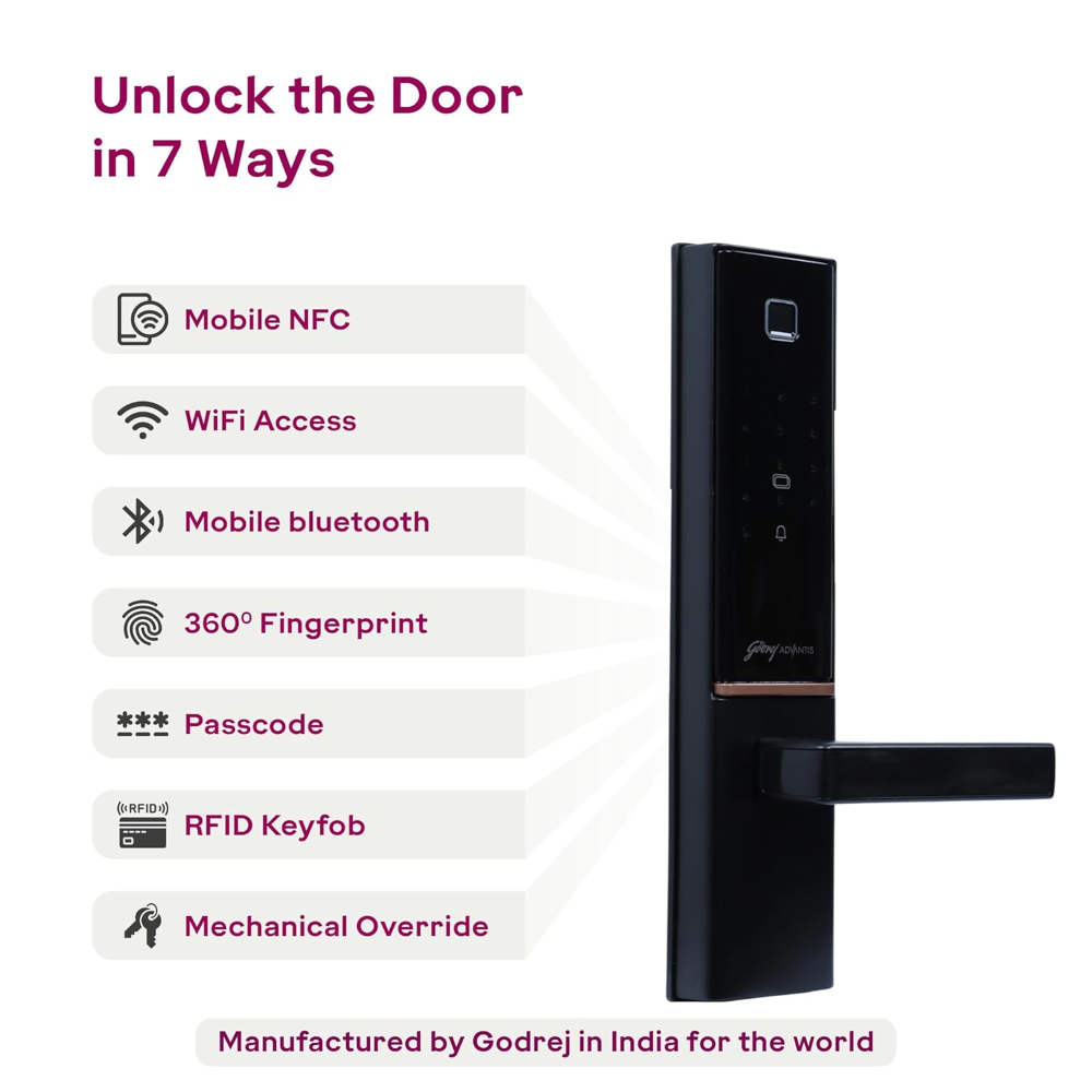 Godrej Smart Lock | The Only 7 in 1 NFC Digital Lock with Scheduled Biometric Access | VDP Compatible | Wooden Door in Home & Offices | Matte Black |3 Yrs Warranty |Made in India
